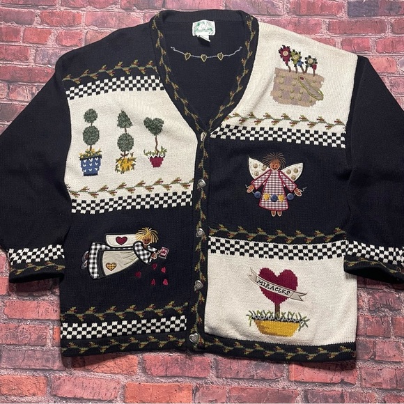 Vintage Quaker Factory Cardigan Sweater 2X 90s Patchwork Angels Topiary Flowers - Picture 1 of 10